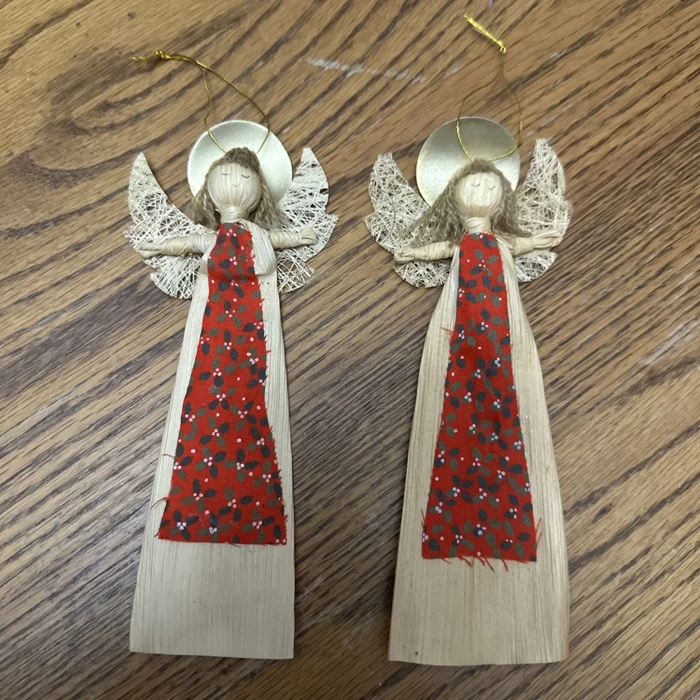 Pair Of Vintage Corn Husk Angel‎ Christmas Ornaments